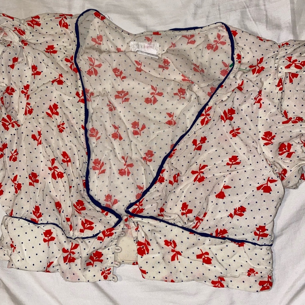 Floral Polka Dot Blouse with Navy Trim